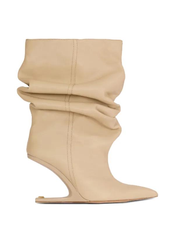 Balmain Ruched Smooth Leather Ankle Boots in Neutrals
