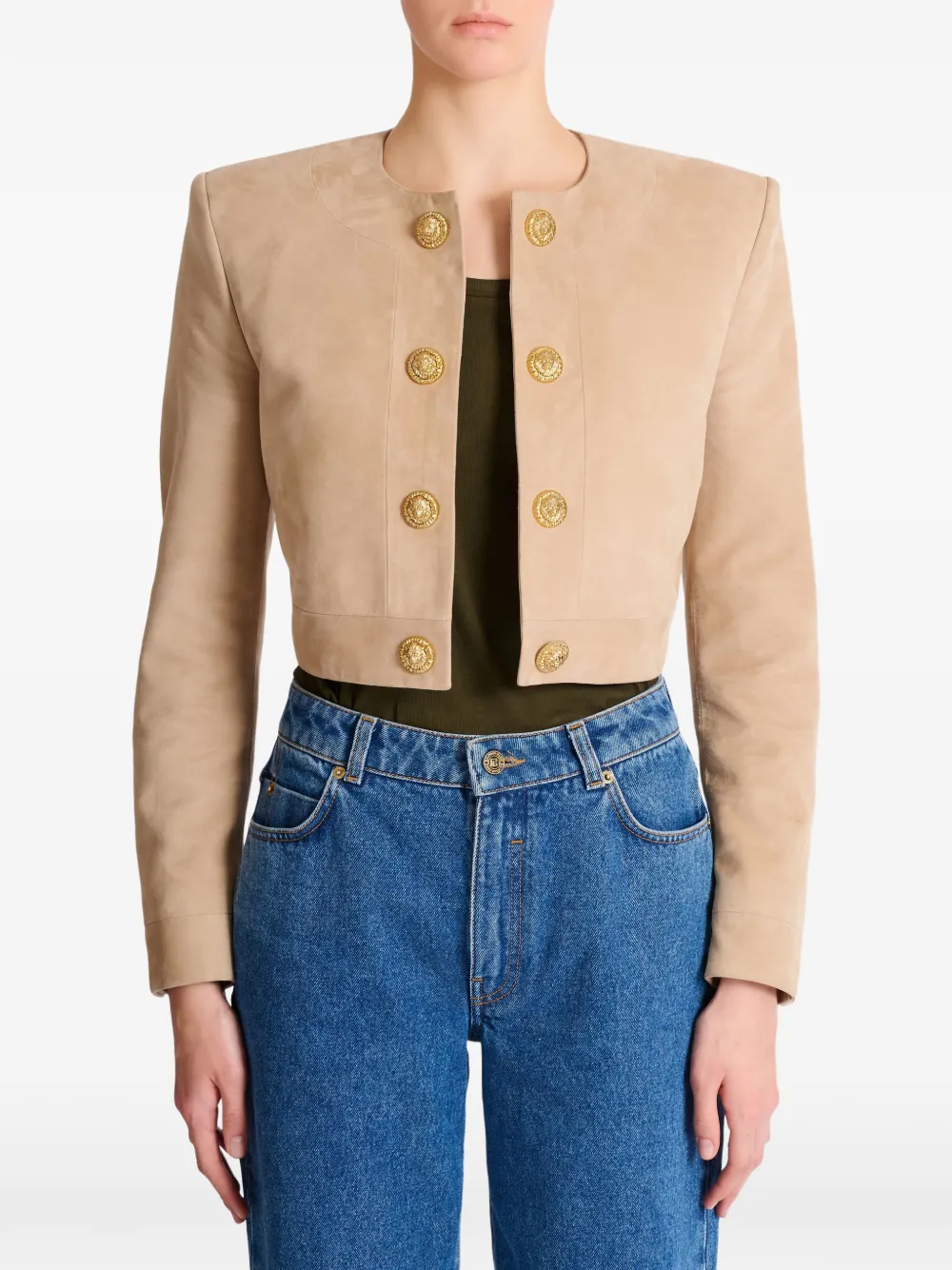 Balmain Cropped leren jack Beige