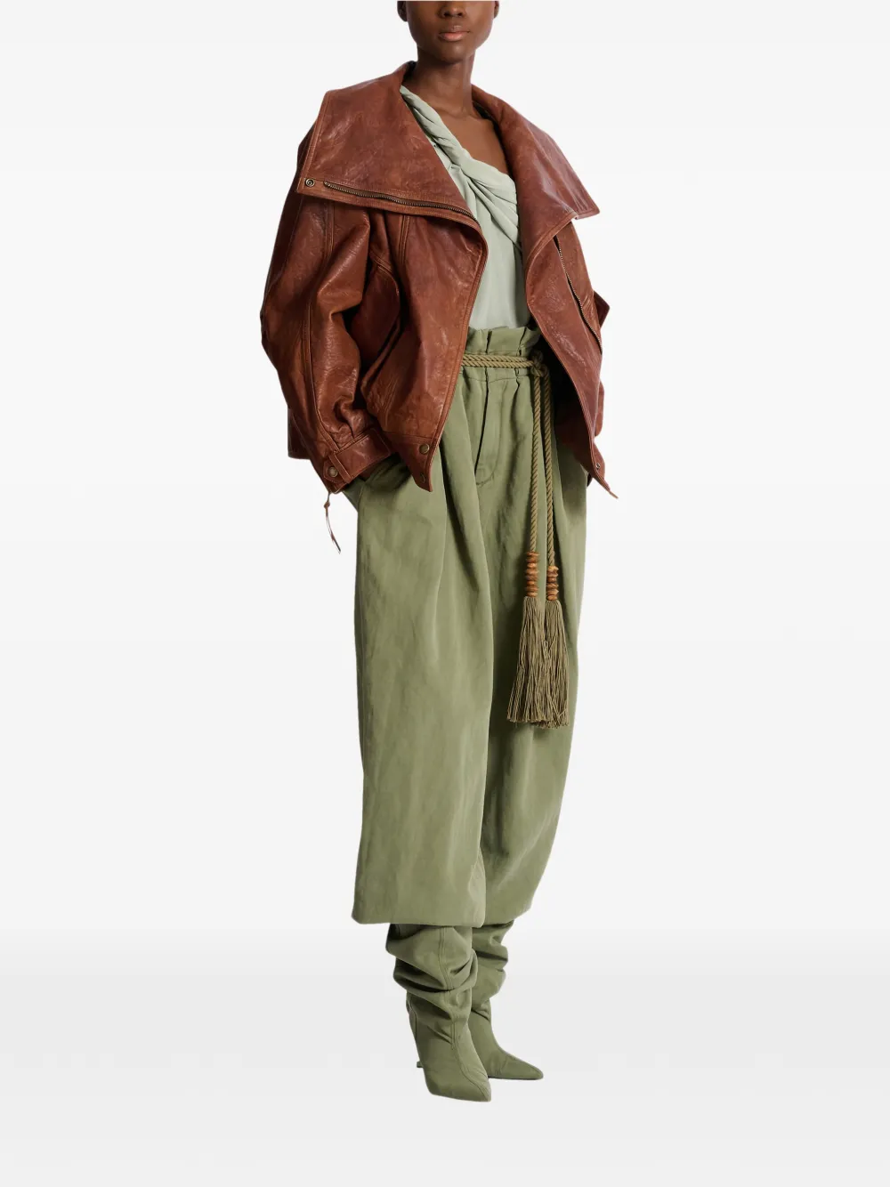  Balmain Zip Lambskin Bomber Jacket - Brown 