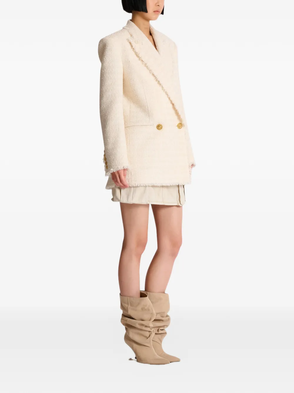  Balmain Fringed Two-button Tweed Jacket - Neutrals 