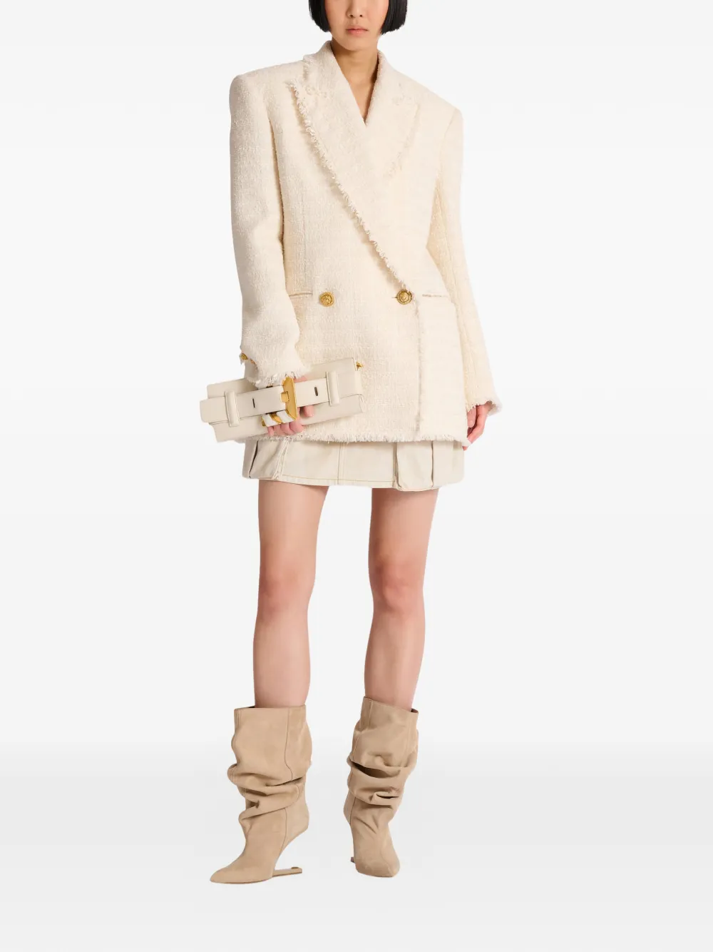  Balmain Fringed Two-button Tweed Jacket - Neutrals 