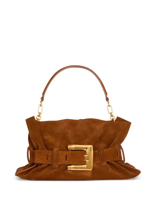 Balmain Medium Anthem Suede Shoulder Bag in Brown
