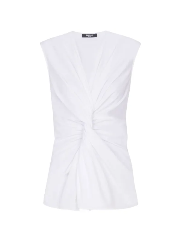 Balmain Draped Sleeveless Cotton Poplin Shirt in White