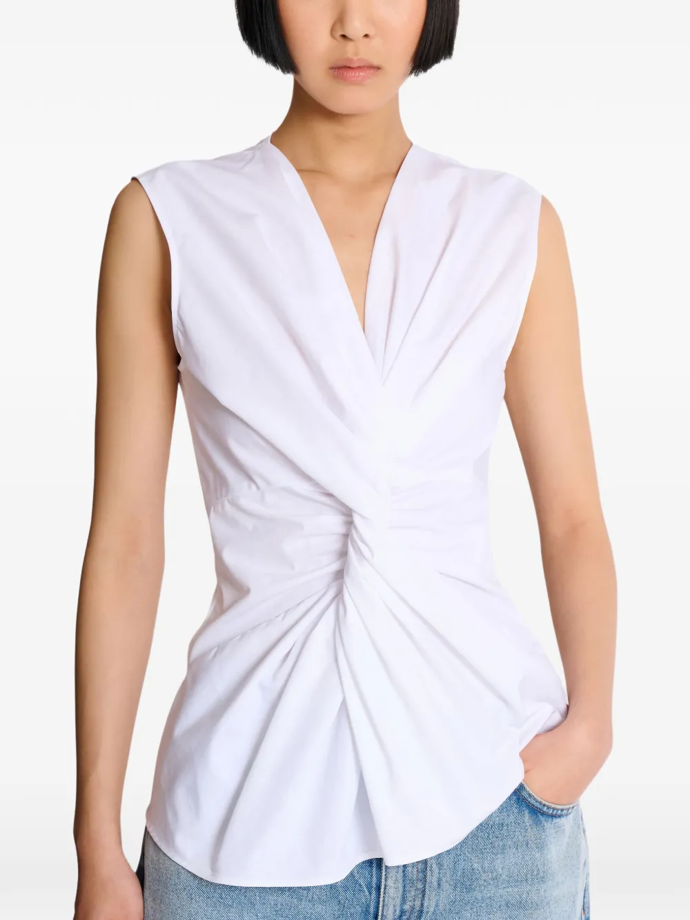 Balmain Gedrapeerd mouwloze katoenen popeline blouse Wit