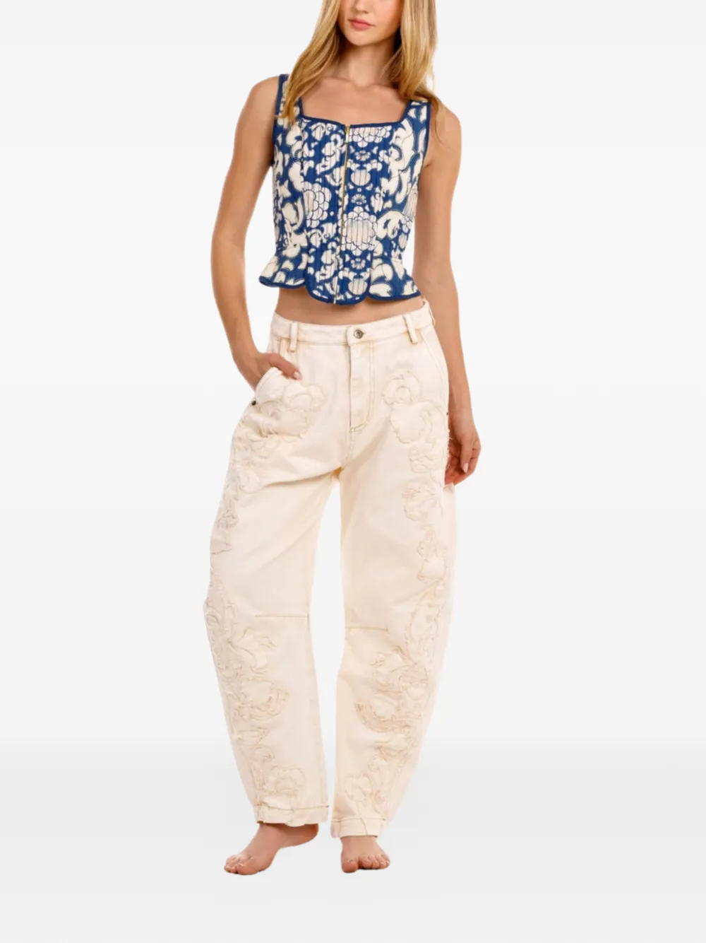 Agua By Agua Bendita Fallon gerafelde jeans met geborduurde bloemen Beige
