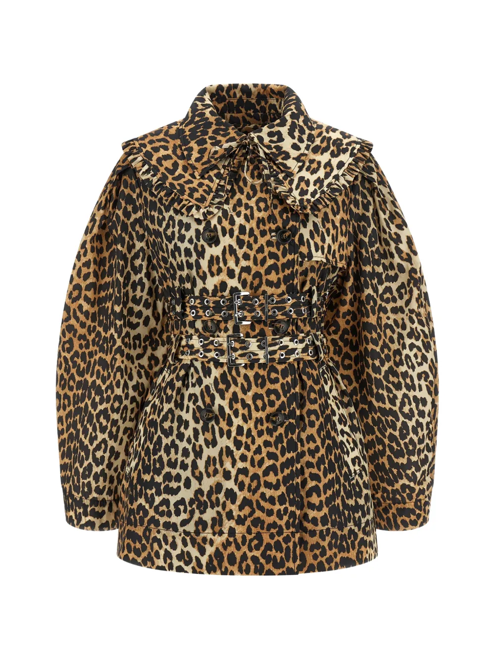 GANNI ruffle leopard trench coat - Marrone