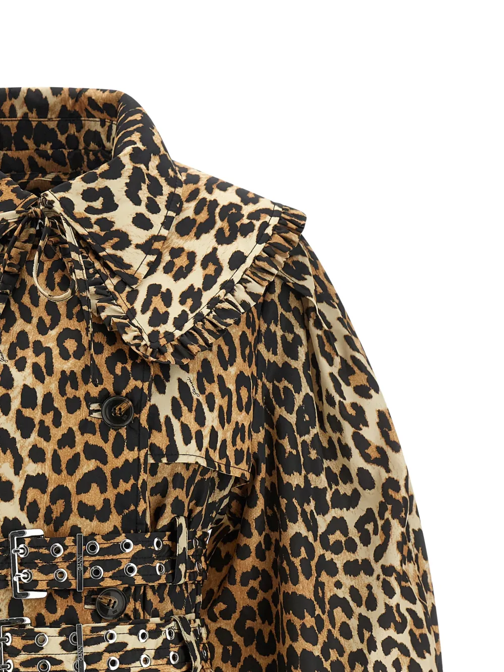  Ganni Ruffle Leopard Trench Coat - Brown 