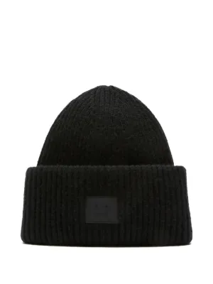 Acne Studios face-patch Ribbed Knit Beanie | Black | FARFETCH
