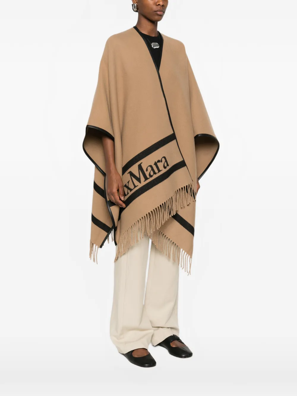  Max Mara Logo Fringed Cape - Neutrals 