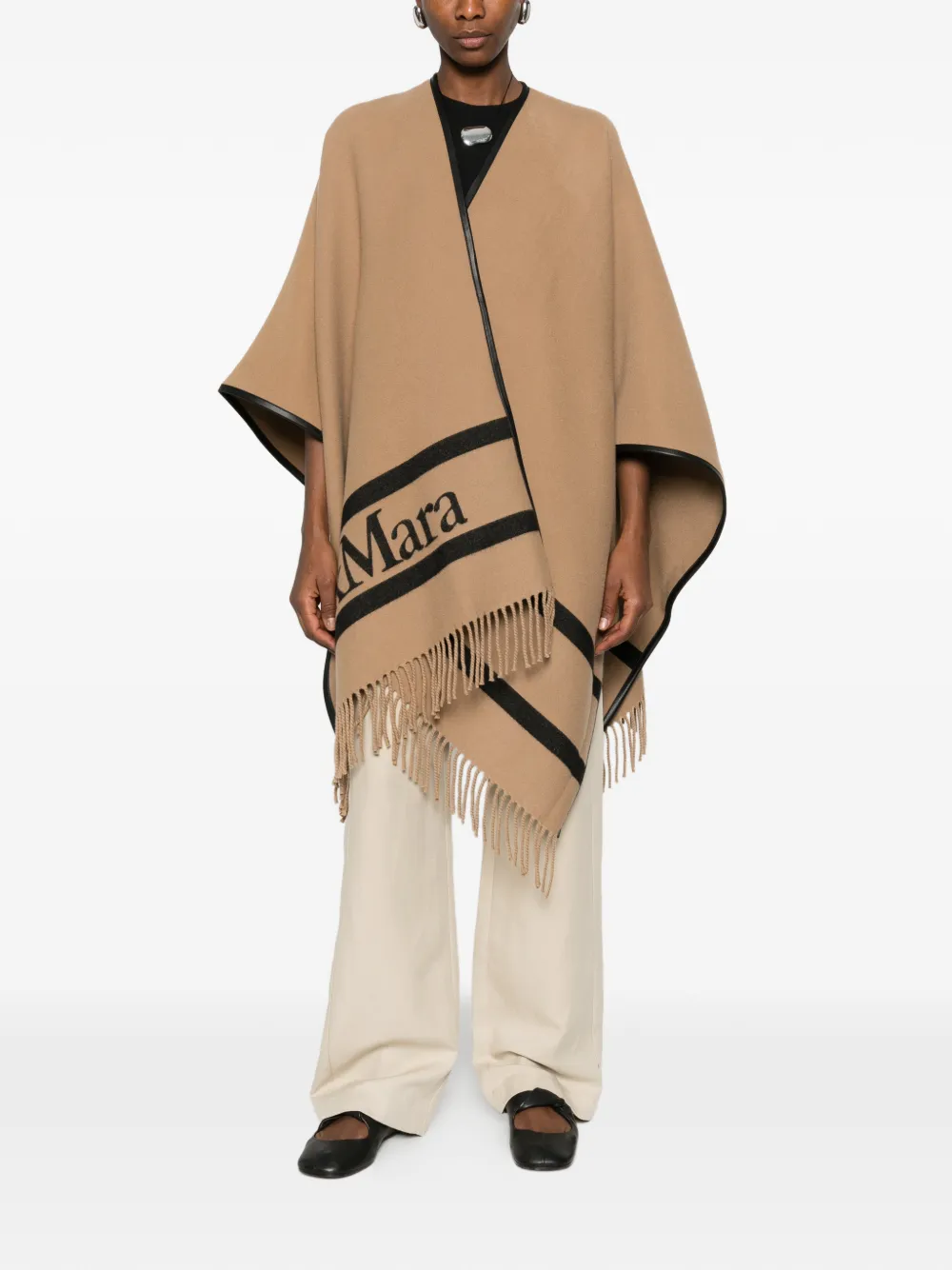  Max Mara Logo Fringed Cape - Neutrals 