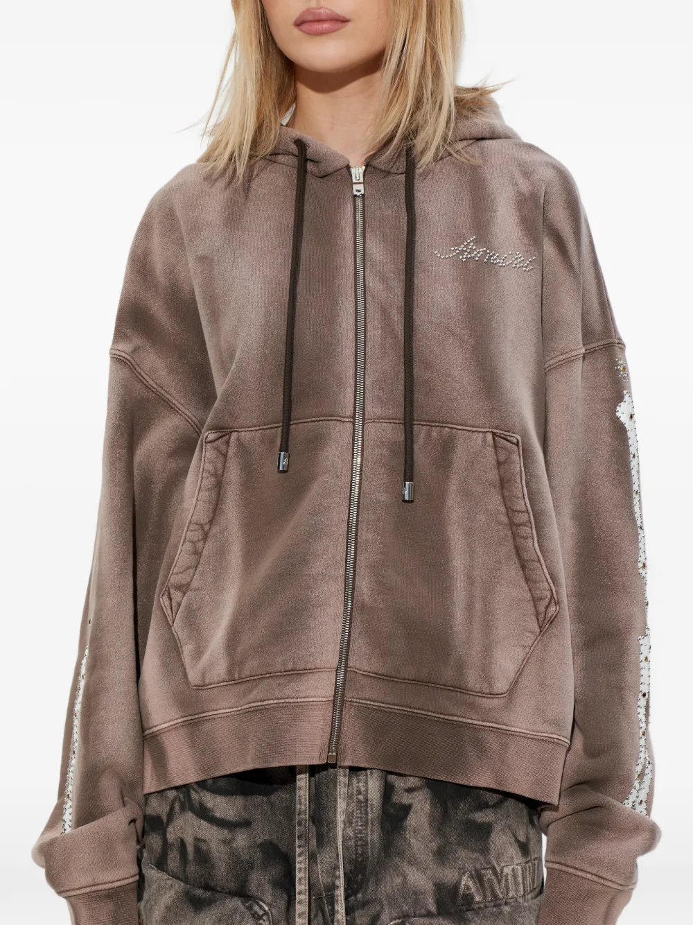  Amiri Embellished Zip-up Sweatshirt - Brown 