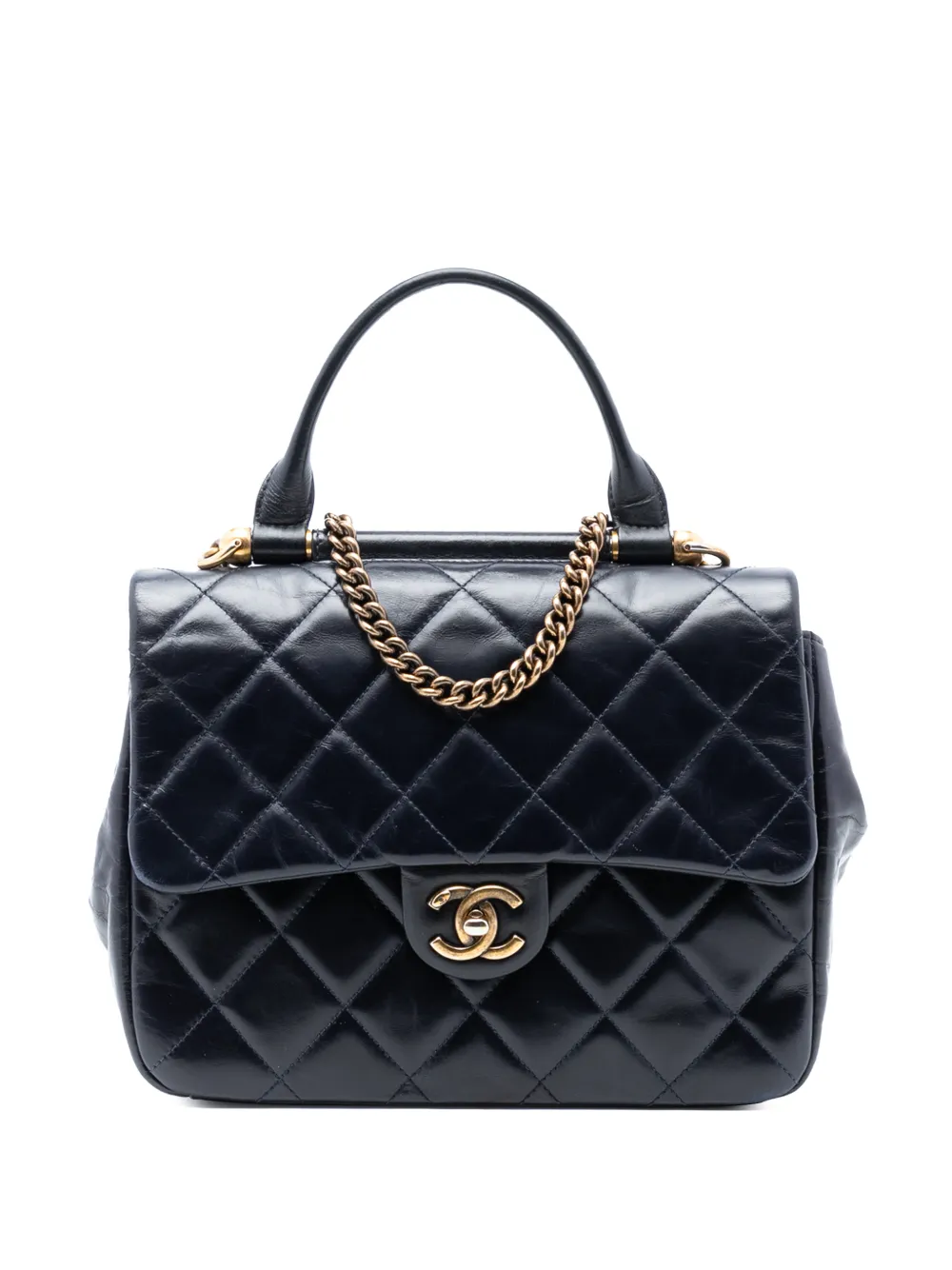 CHANEL Pre-Owned 2016-2017 Medium Quilted Glazed Calfskin Gold Bar Top Handle Flap satchel - Blu
