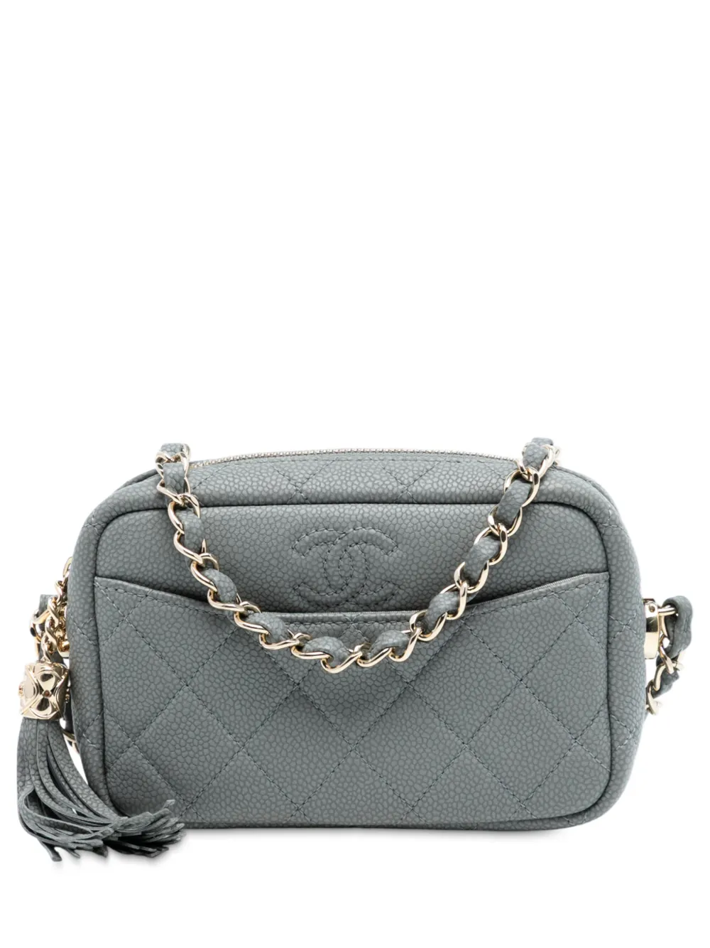CHANEL Pre-Owned 2018-2019 Mini Quilted Caviar Coco Tassel Camera Case crossbody bag - Grigio