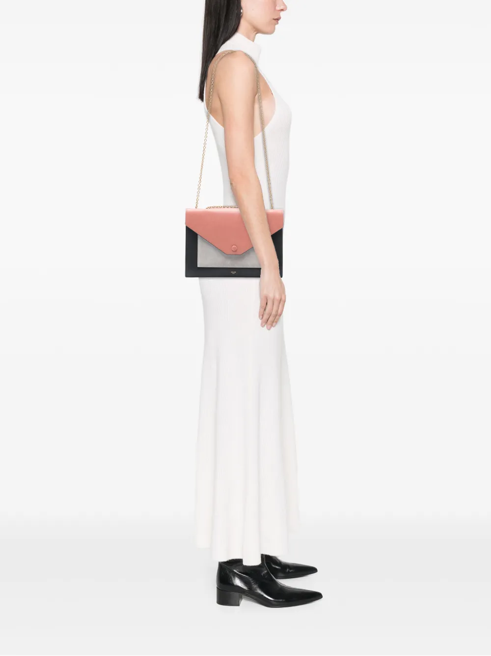  Celine Pre-owned 2015 Tricolor Leather And Suede Pocket Envelope Wallet On Chain Crossbody Bag - Black 