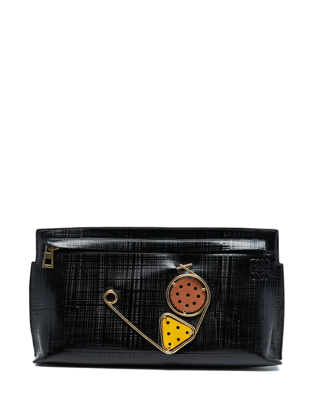 Loewe Pre-Owned 2015 Linen Embossed Patent Anagram Mechano Pin T Pouch clutch bag - Nero