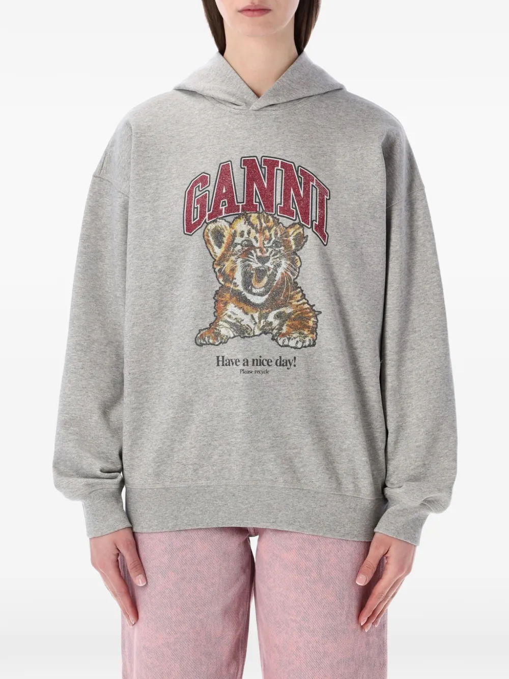Ganni - Tiger-Graphic Hoodie - Organic Cotton - Xs - Women's Grey