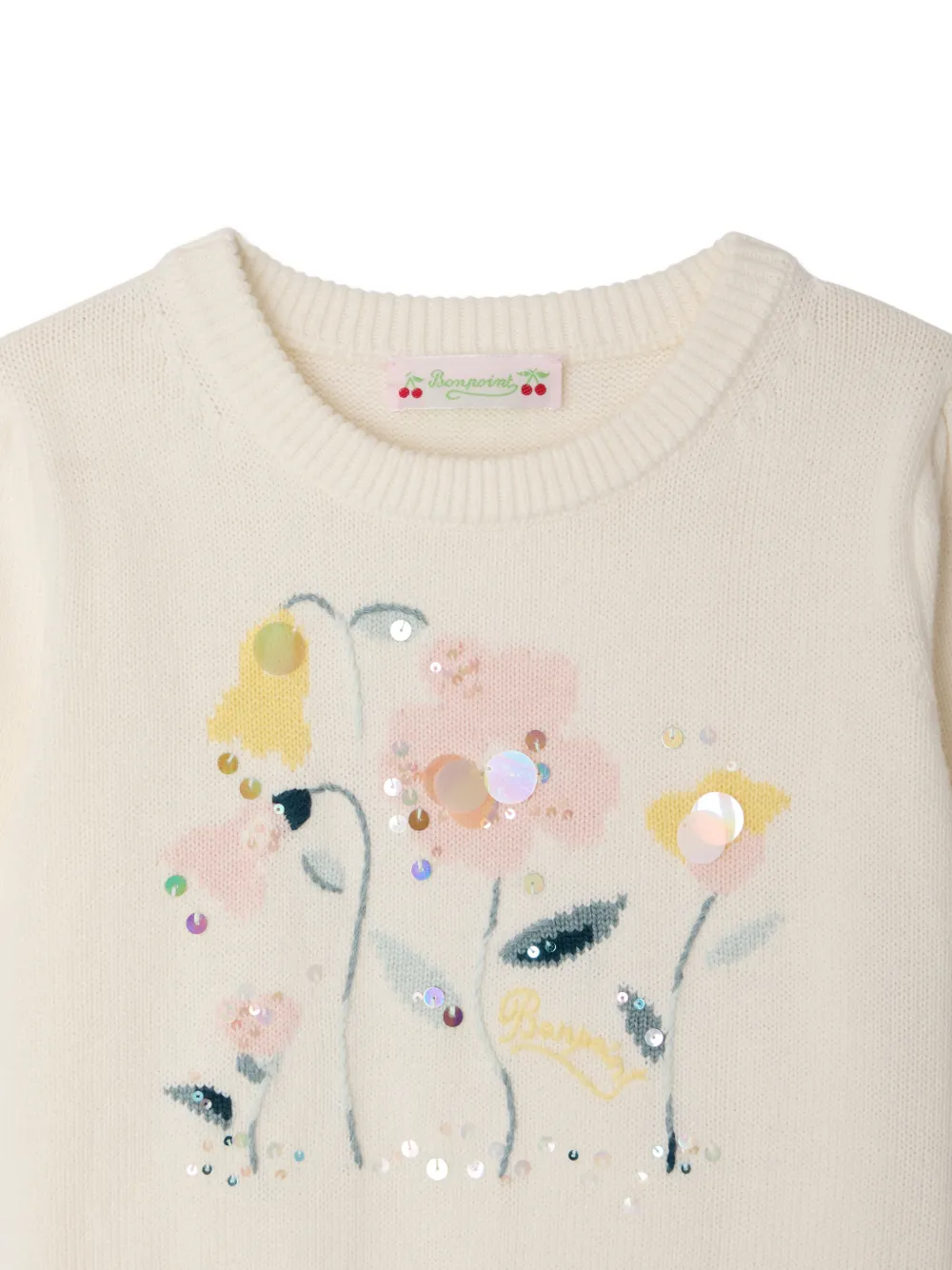 Bonpoint Elvira trui met jacquard en handgeborduurde bloemen van biologisch katoen en kasjmier Beige