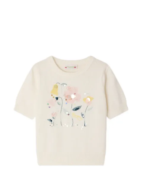 Bonpoint Elvira jacquard sweater with hand-embroidered flowers in organic cotton and cashmere