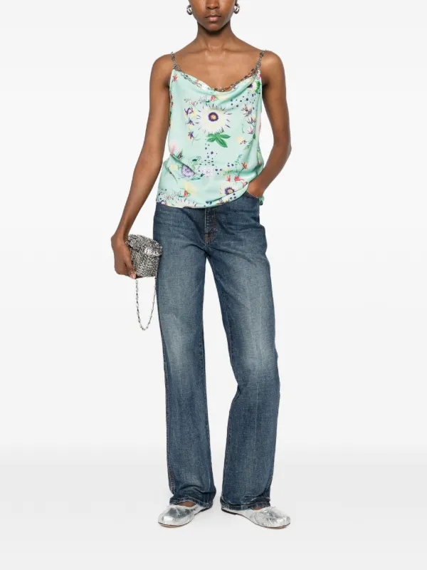Rabanne chain-detail cowl-neck floral-print Top | Green | FARFETCH ID
