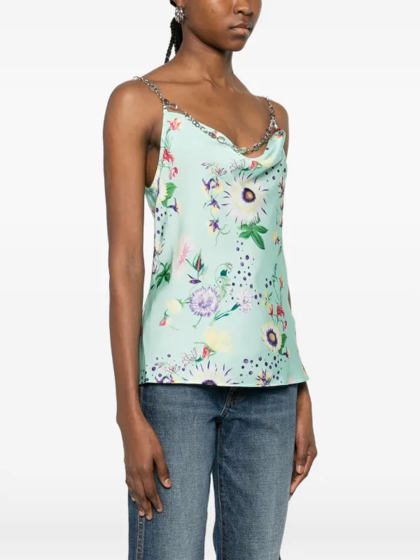 Rabanne chain-detail cowl-neck floral-print Top | Green | FARFETCH ID