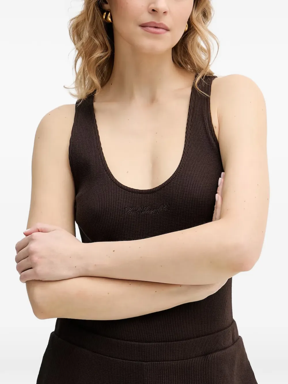 Karl Lagerfeld Tanktop met ronde hals en wafel Bruin