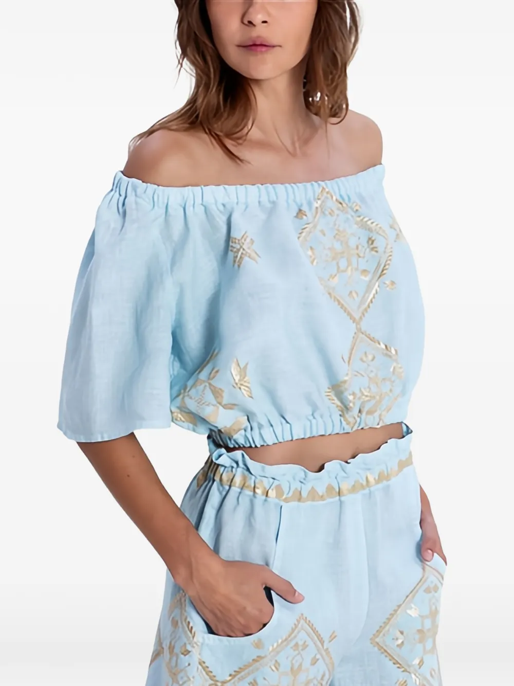 GREEK ARCHAIC KORI strapless embroidered blouse - Blu
