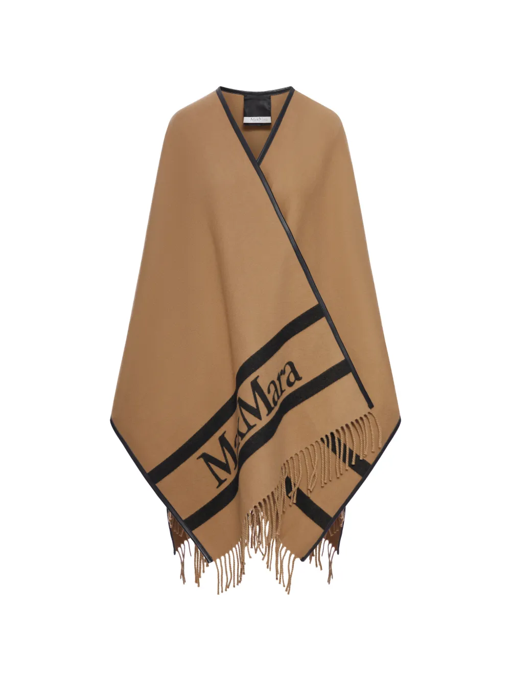 Max Mara Hilde Fringed Logo Poncho In Neutral