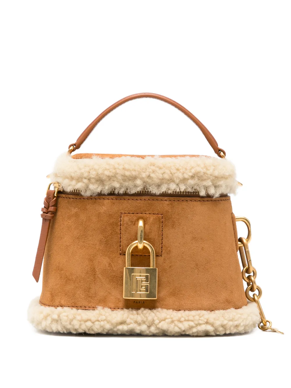 Balmain Pulse Vanity shearling-trim top handle bag - Nude