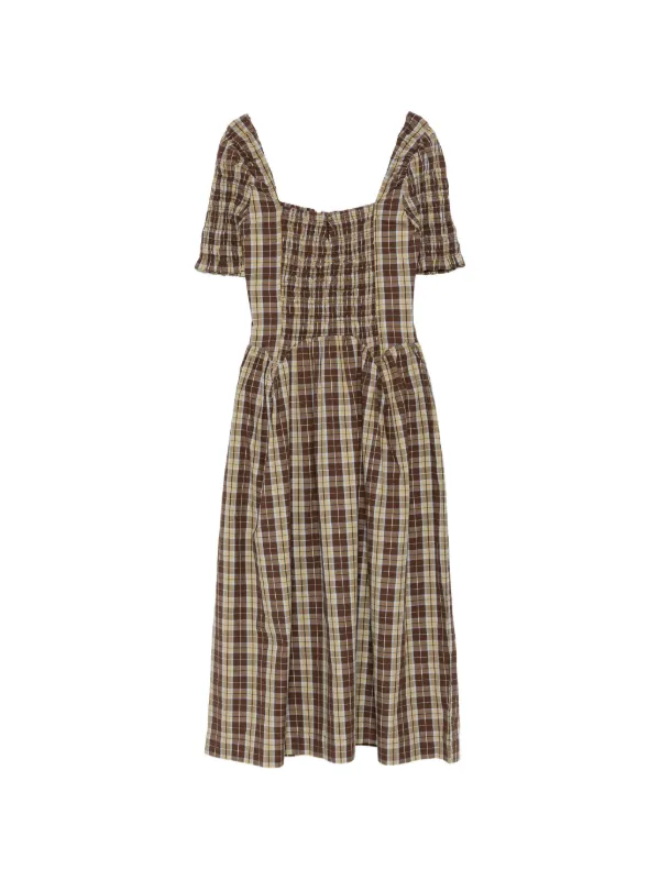damson madder dresses - Molly Midi Dress - Cocoa Check Midi length Size:0 Petite Dakota Fabric|Silk Chiffon And Heavy Crepe Parida | Cream Poplin