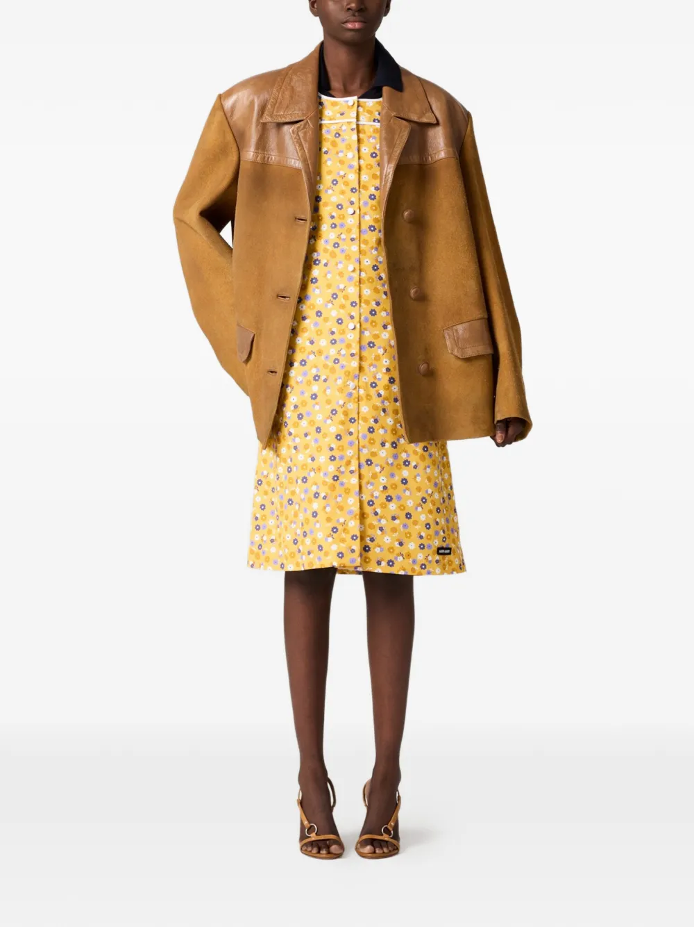  Miu Miu Flower-print Buttoned Poplin Midi Dress - Yellow 