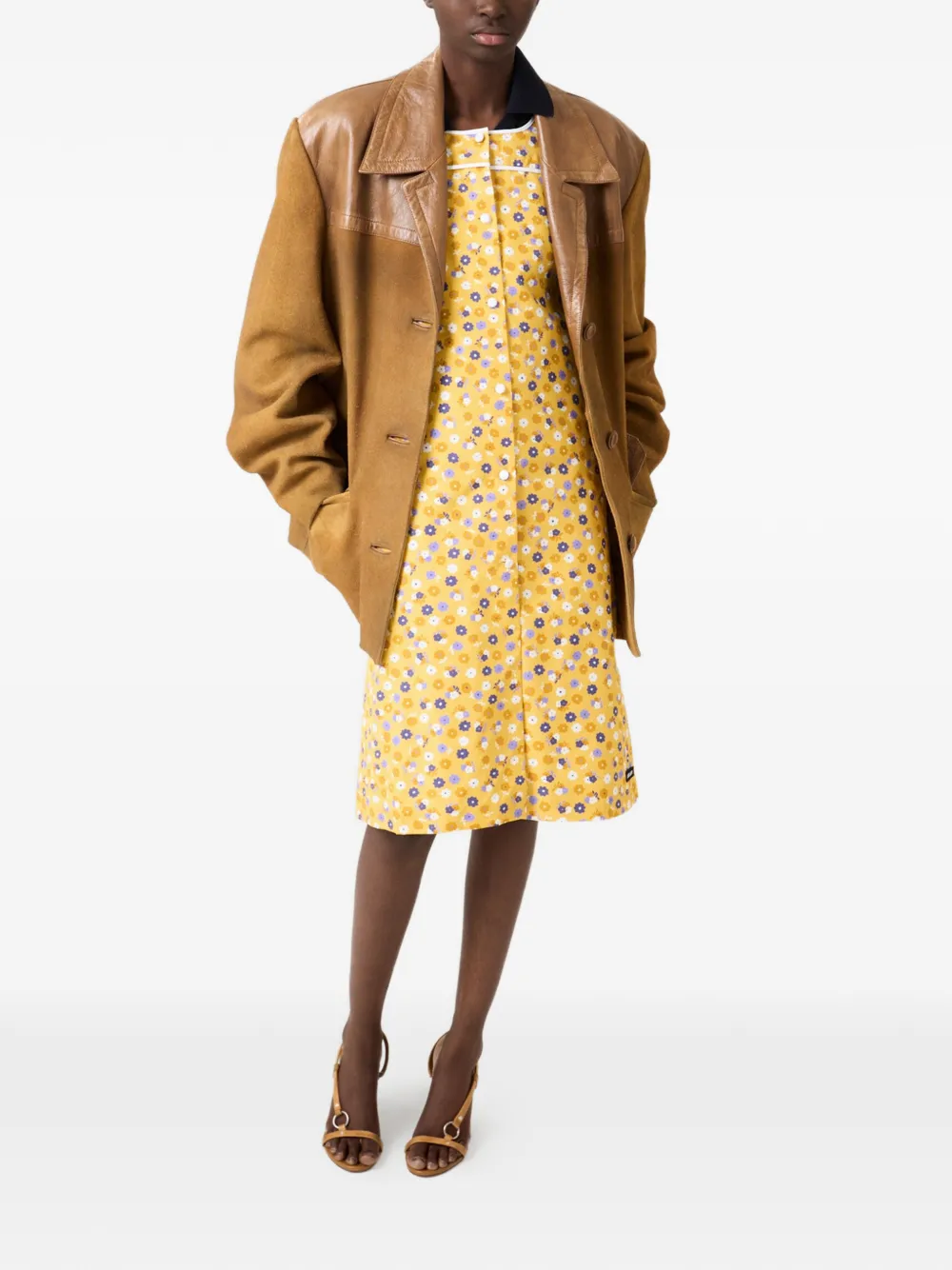  Miu Miu Flower-print Buttoned Poplin Midi Dress - Yellow 