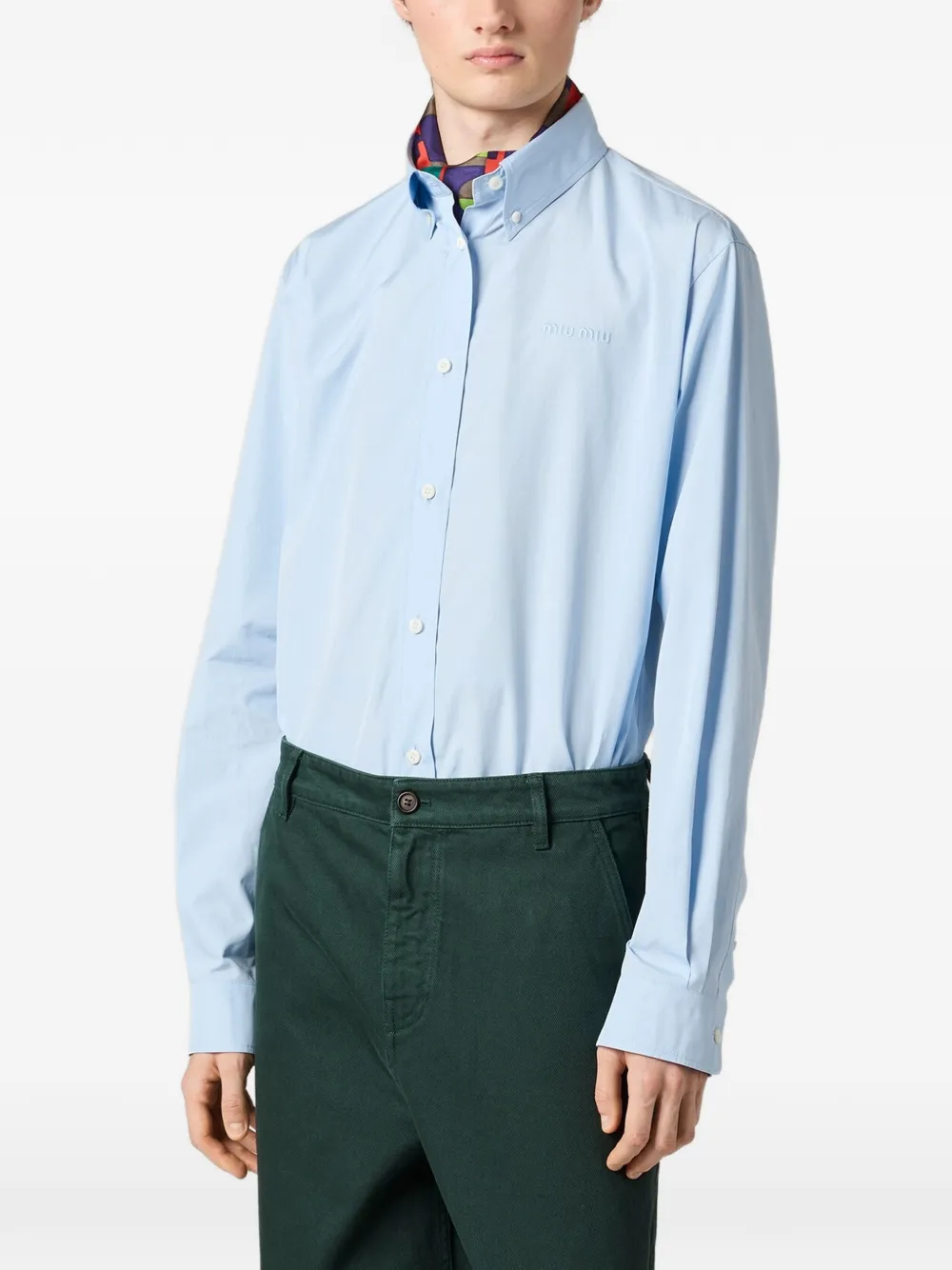  Miu Miu Button-down Embroidered Poplin Shirt - Blue 