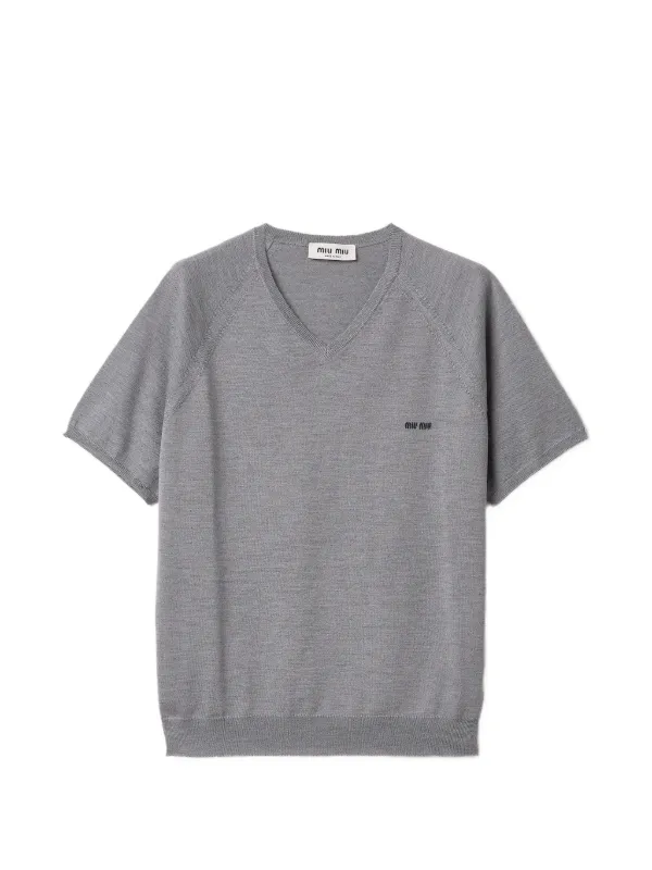 Miu Miu V-neck short-sleeved Sweater | Grey | FARFETCH RS Miu Miu V-neck short-sleeved Sweater | Grey | FARFETCH RS