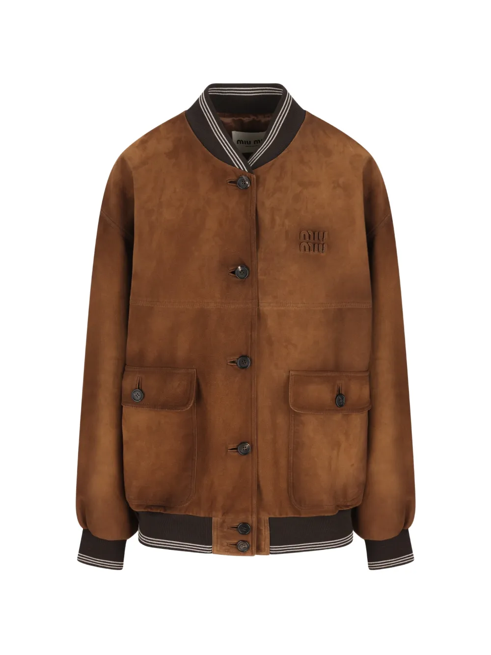 Miu Miu logo-patch suede bomber jacket - Marrone