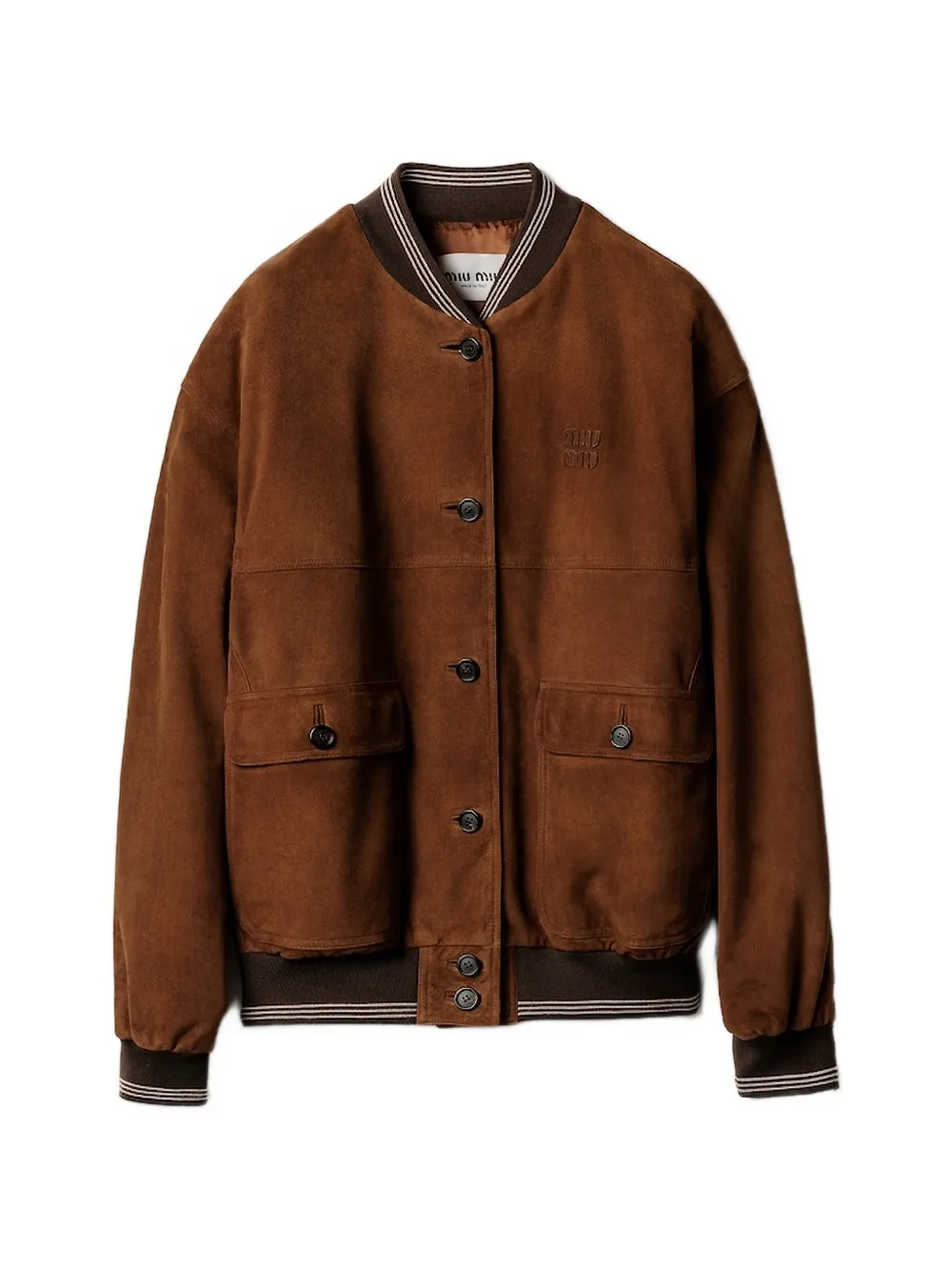 Miu Miu logo-patch suede bomber jacket - Marrone