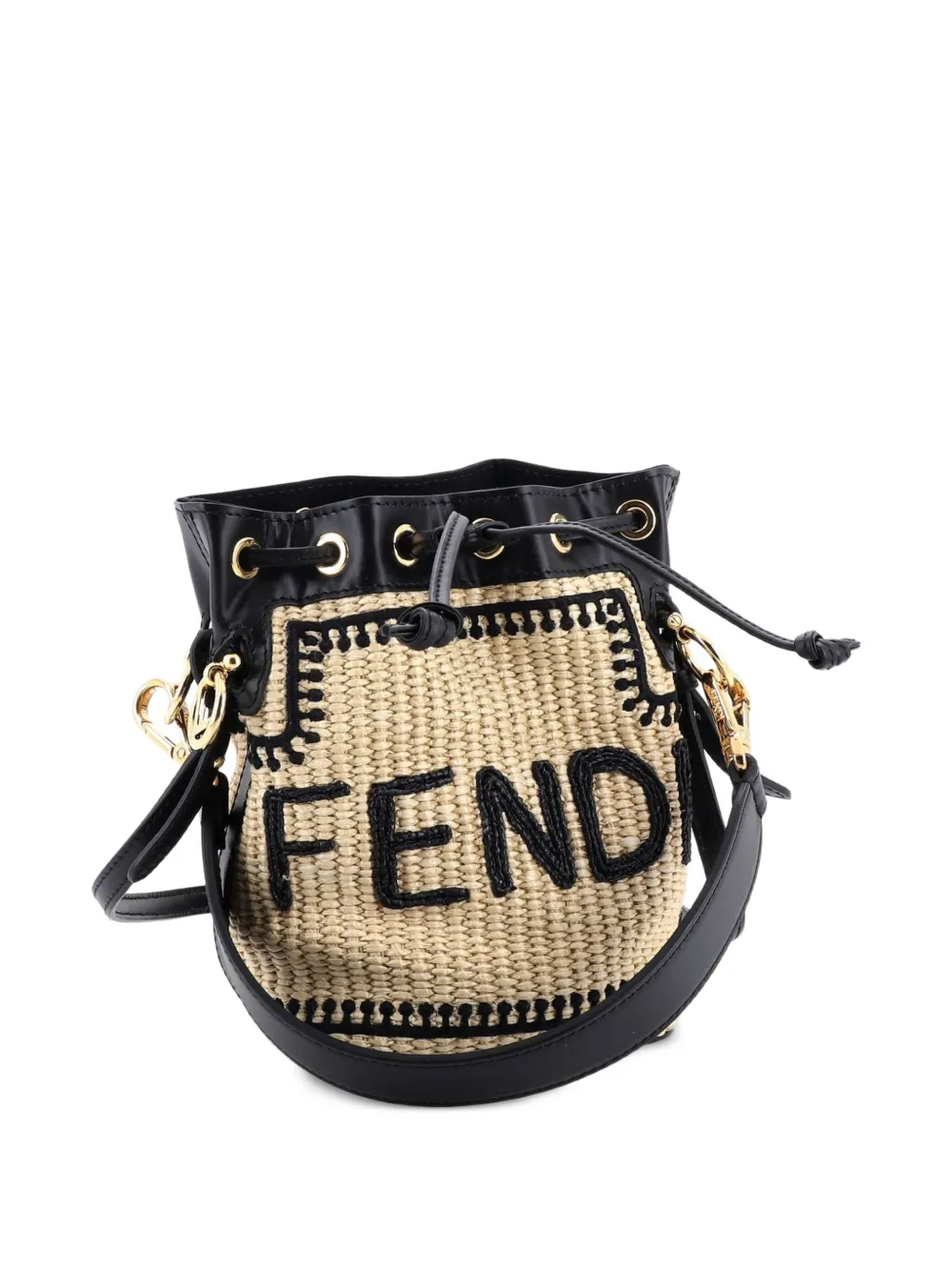 Mon Tresor Logo Embroidered Raffia Mini Bucket Bag