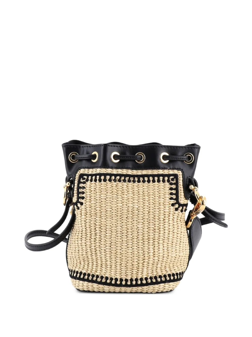 Mon Tresor Logo Embroidered Raffia Mini Bucket Bag