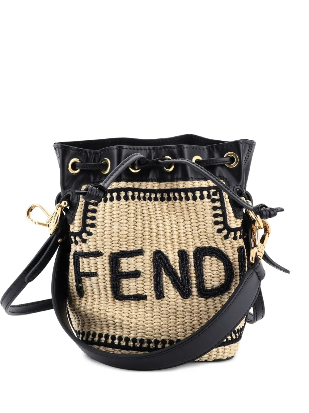 Fendi Pre-Owned Mon Tresor Logo Embroidered Raffia Mini bucket bag - Nero