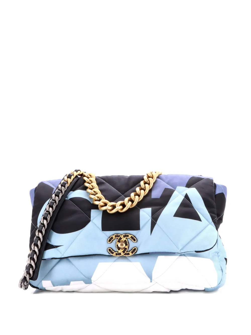 CHANEL Pre-Owned 19 Flap Bag Quilted Printed Silk Maxi shoulder bag - Blu