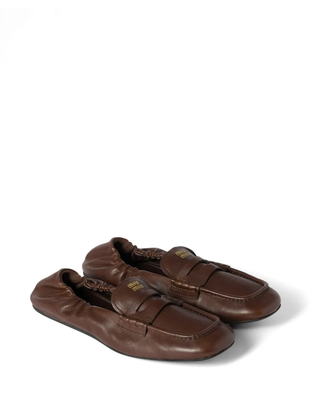 Miu Leren loafers met ruches Bruin