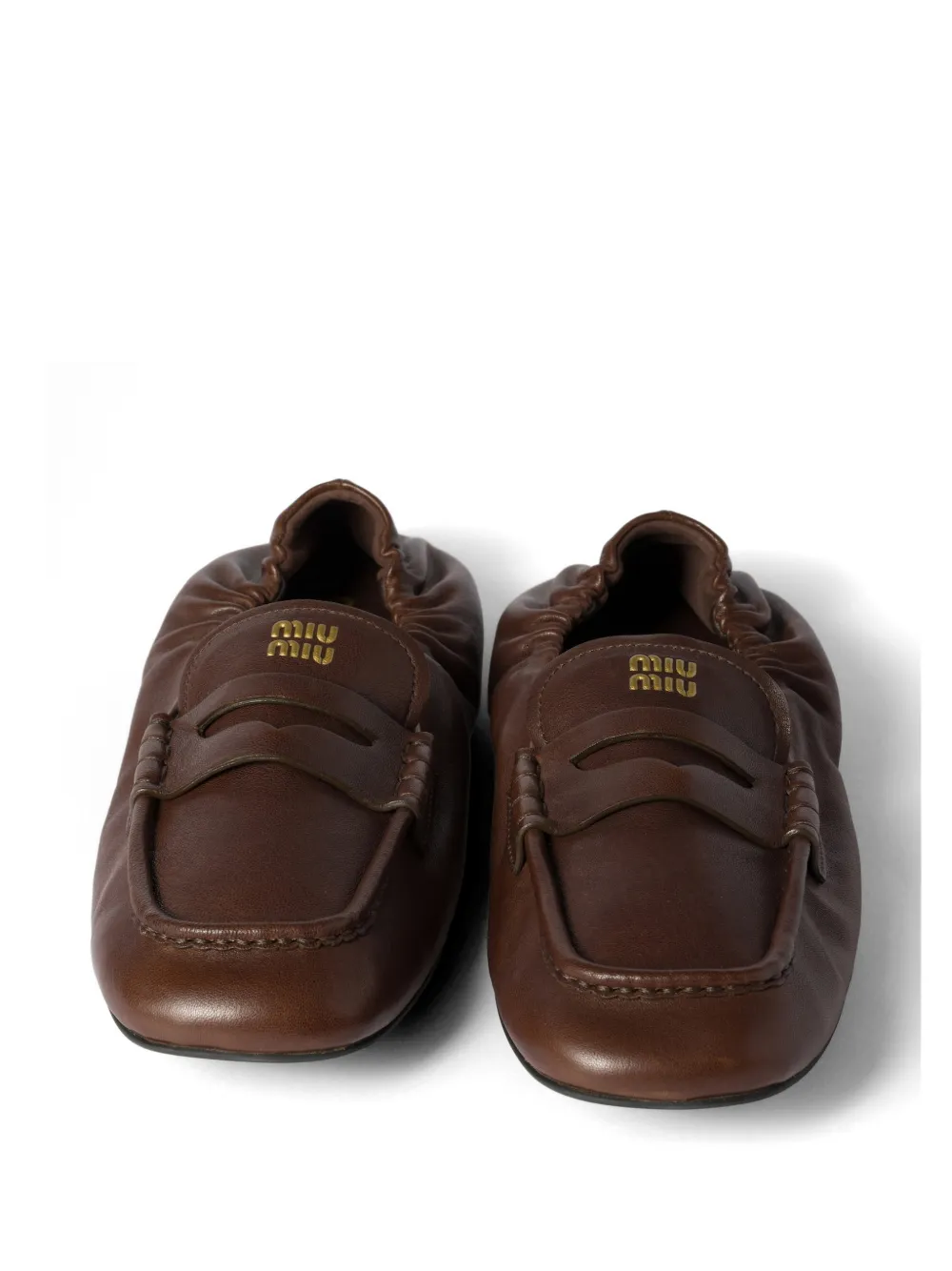 Miu Leren loafers met ruches Bruin