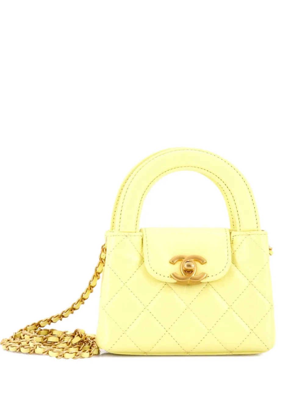 CHANEL Pre-Owned Kelly Top Handle Shopping Bag Quilted Shiny Aged Calfskin Nano crossbody bag - Giallo