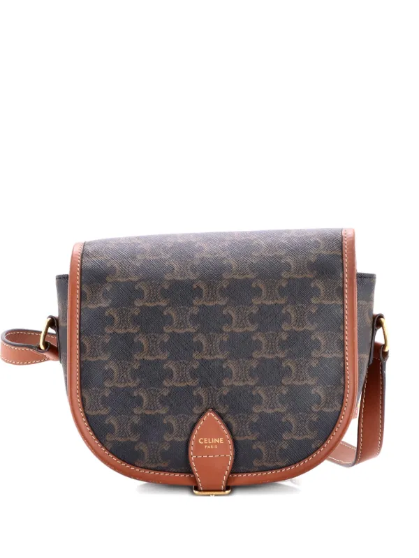 Celine Pre-owned Folco Bag Triomphe Coated Canvas Medium Crossbody Bag in Brown