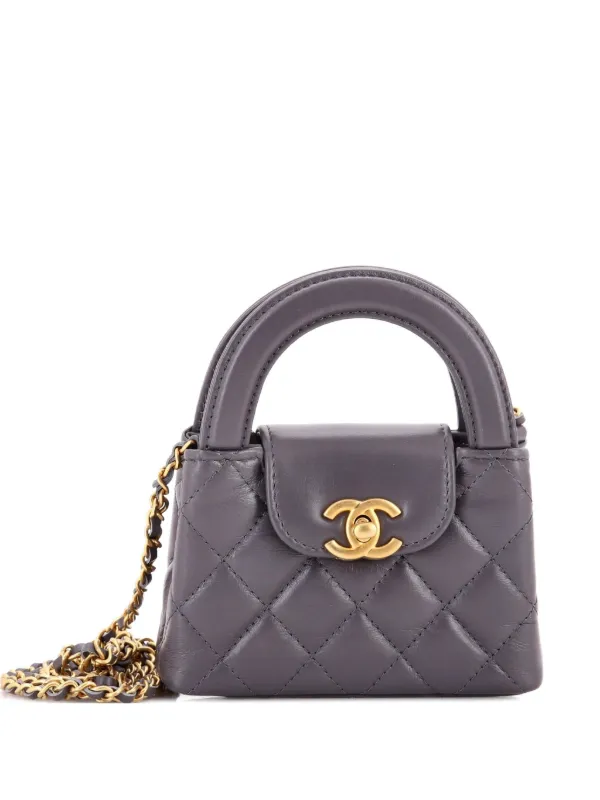 Chanel Pre-owned Kelly Top Handle Shopping Bag Quilted Shiny Aged Calfskin Nano Crossbody Bag in Grey