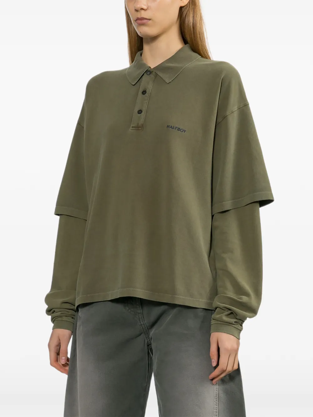  Halfboy Logo-embroidered Long Sleeve Polo Top - Green 