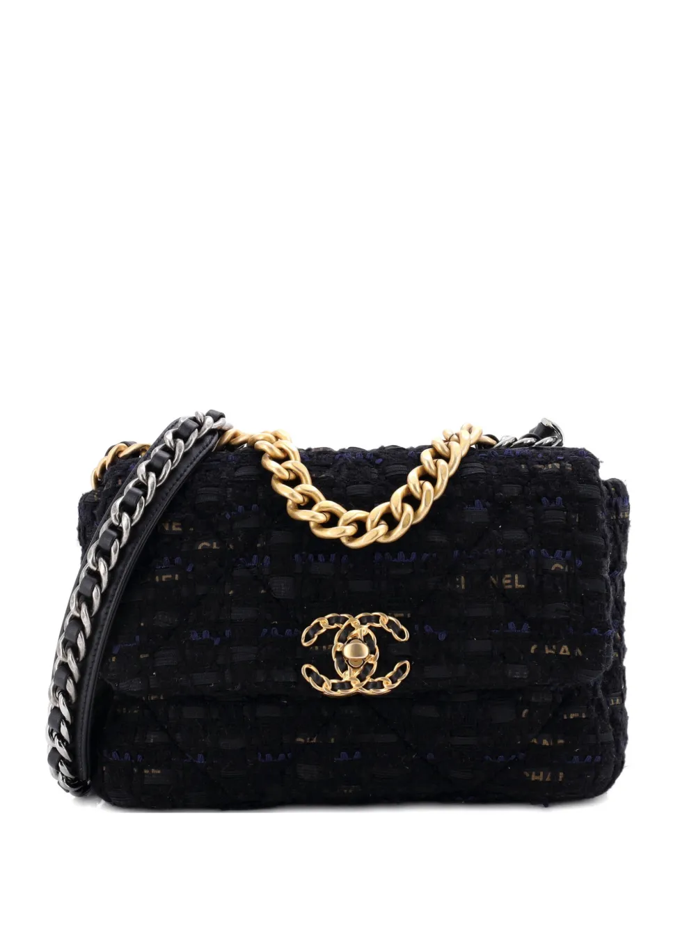 CHANEL Pre-Owned 19 Flap Bag Quilted Tweed and Ribbon Medium shoulder bag - Nero