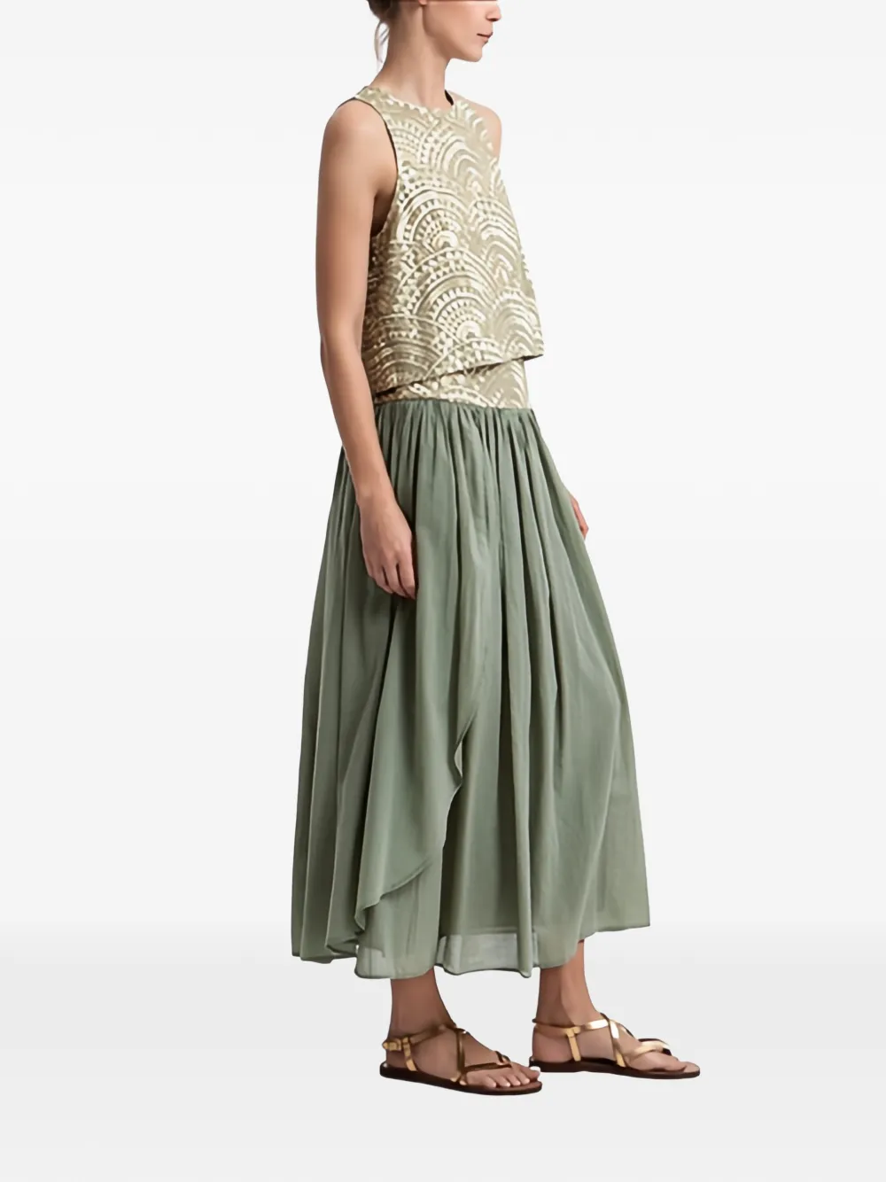  Greek Archaic Kori Flared Midi Skirt - Green 