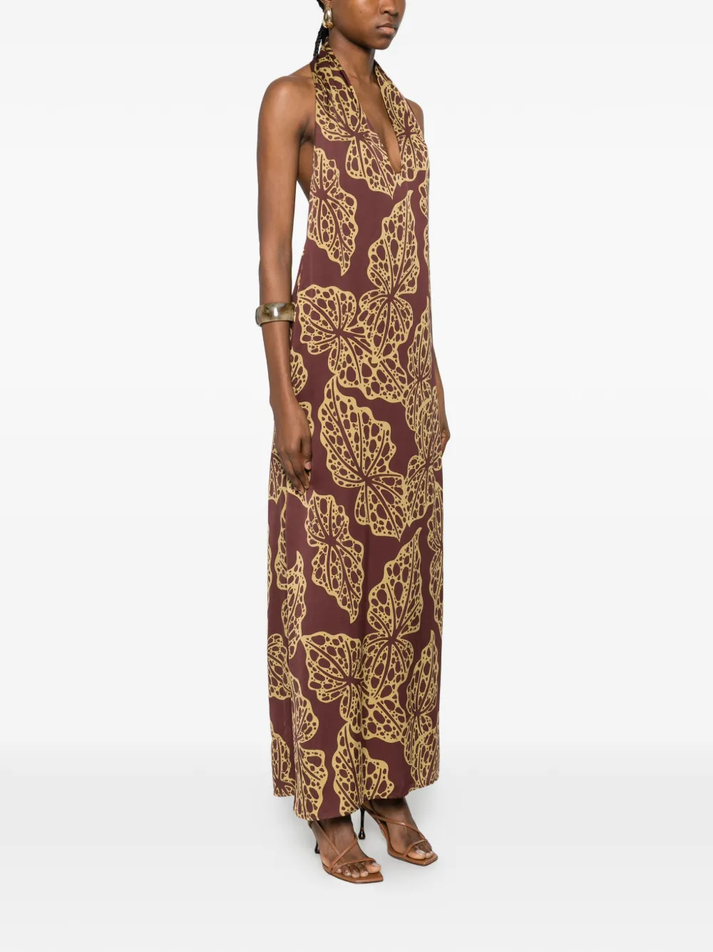  Ottod'ame Halterneck Leaf-print Maxi Dress - Brown 