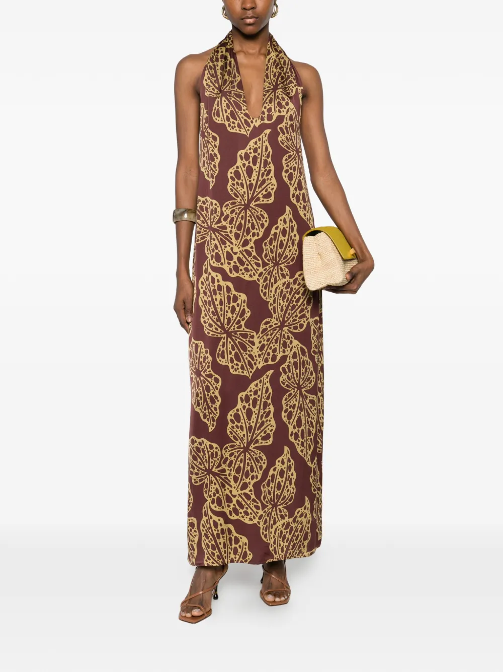  Ottod'ame Halterneck Leaf-print Maxi Dress - Brown 