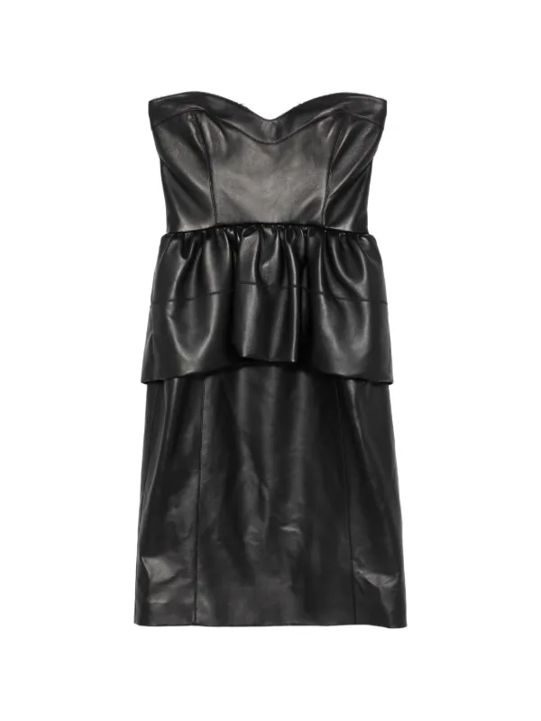 strapless peplum midi dress Strapless Crystal Peplum Pleated Midi Dress Nude